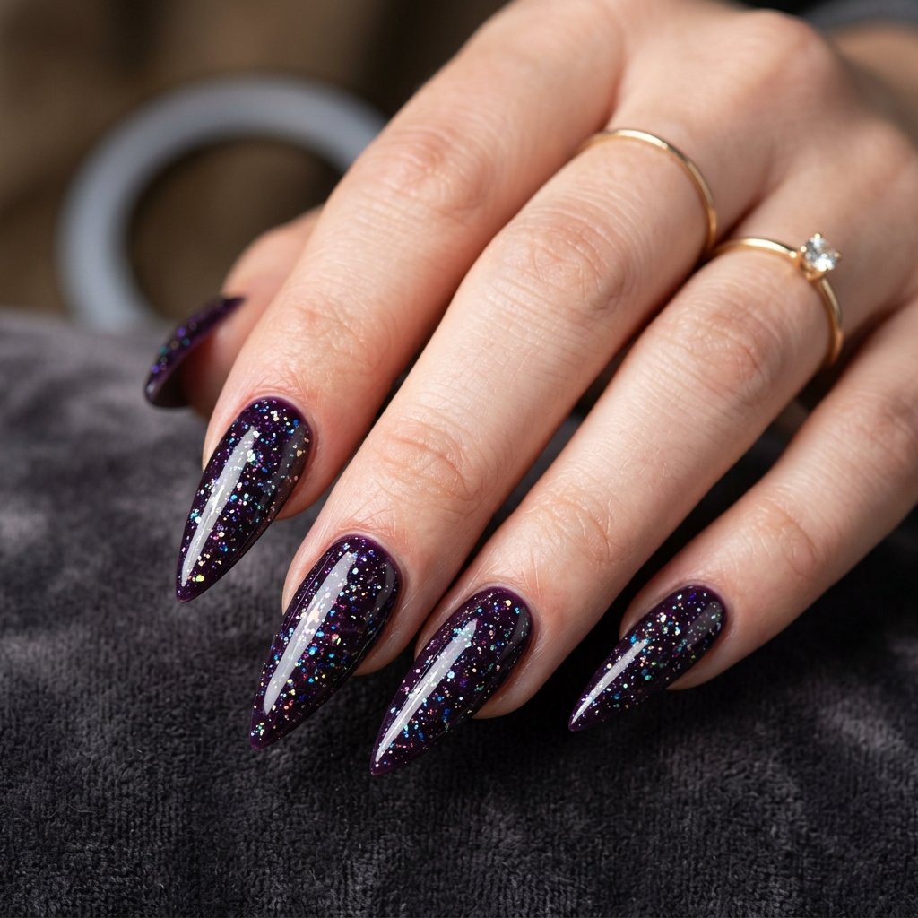 Dark purple holographic glitter stiletto nails