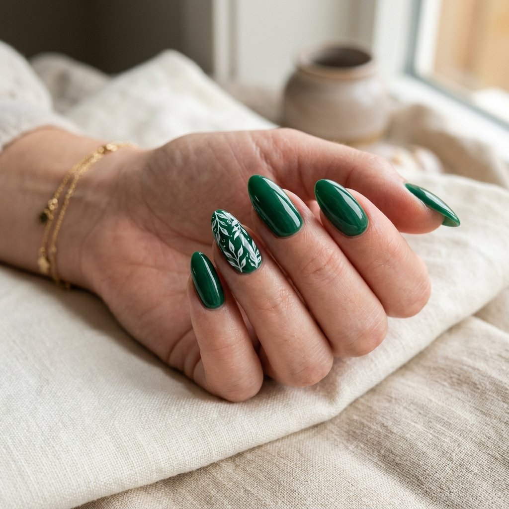 Emerald green almond nails with white leaf art